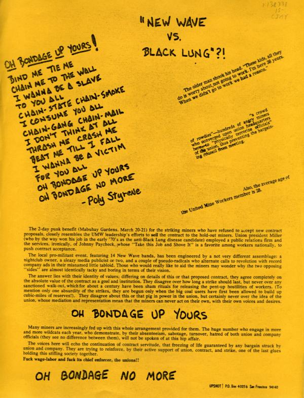 New Wave vs. Black Lung?! Flyer denouncing the two-day benefit gig for the striking United Mine Workers (March 20–21, 1978) at Mabuhay Gardens in San Francisco