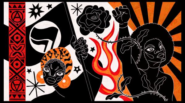 A picture of two people, one holds up a black flag, the other has a raised fist.