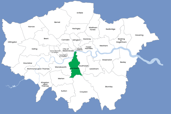 Map of London boroughs showing Lambeth