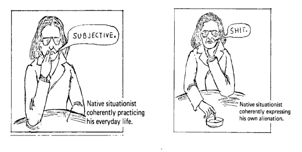 Parody two panel cartoon of a situationist smoking.