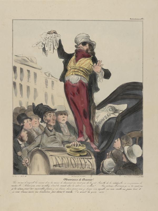 Honoré Daumier. “Plate 7: Ladies and Gentlemen!, from Caricaturana, published in Les Robert Macaires.” 1838. Color lithograph on wove paper.