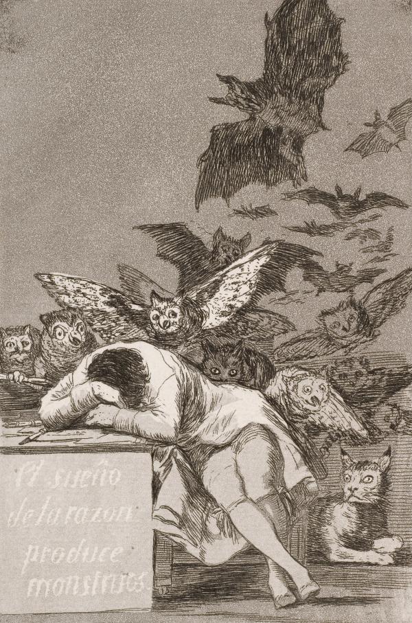 Francisco José de Goya y Lucientes (Spanish, 1746–1828). The Sleep of Reason Produces Monsters, plate 43 from Los Caprichos, 1799.