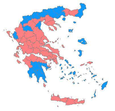 Electoral map of Greece: Red=SYRIZA Blue=ND