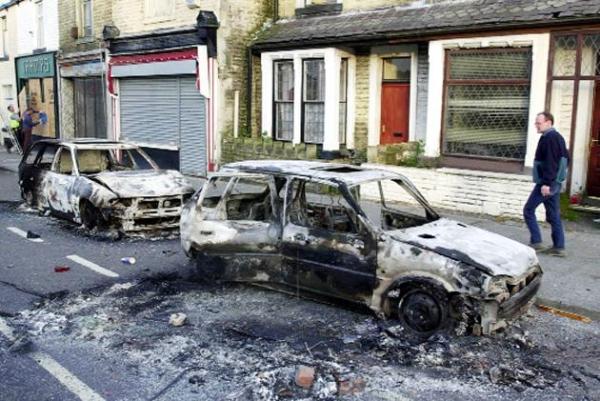 Burnt out cars in Burnley