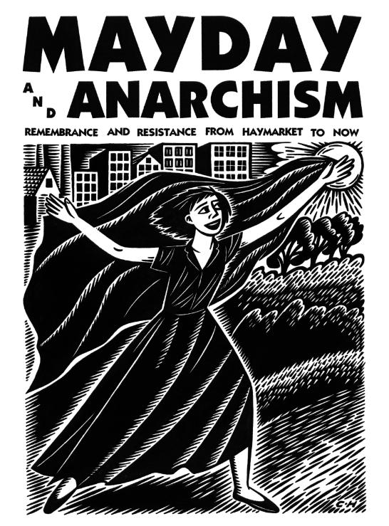 Mayday and anarchism a woman is striding with a black flag, the sun shining and buildings behind her